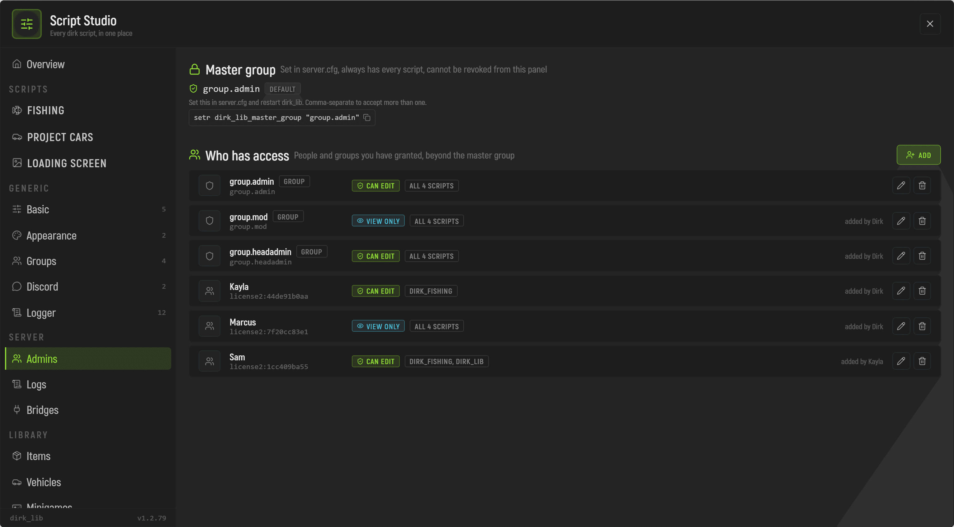 Config Studio's access settings, edit or view per script