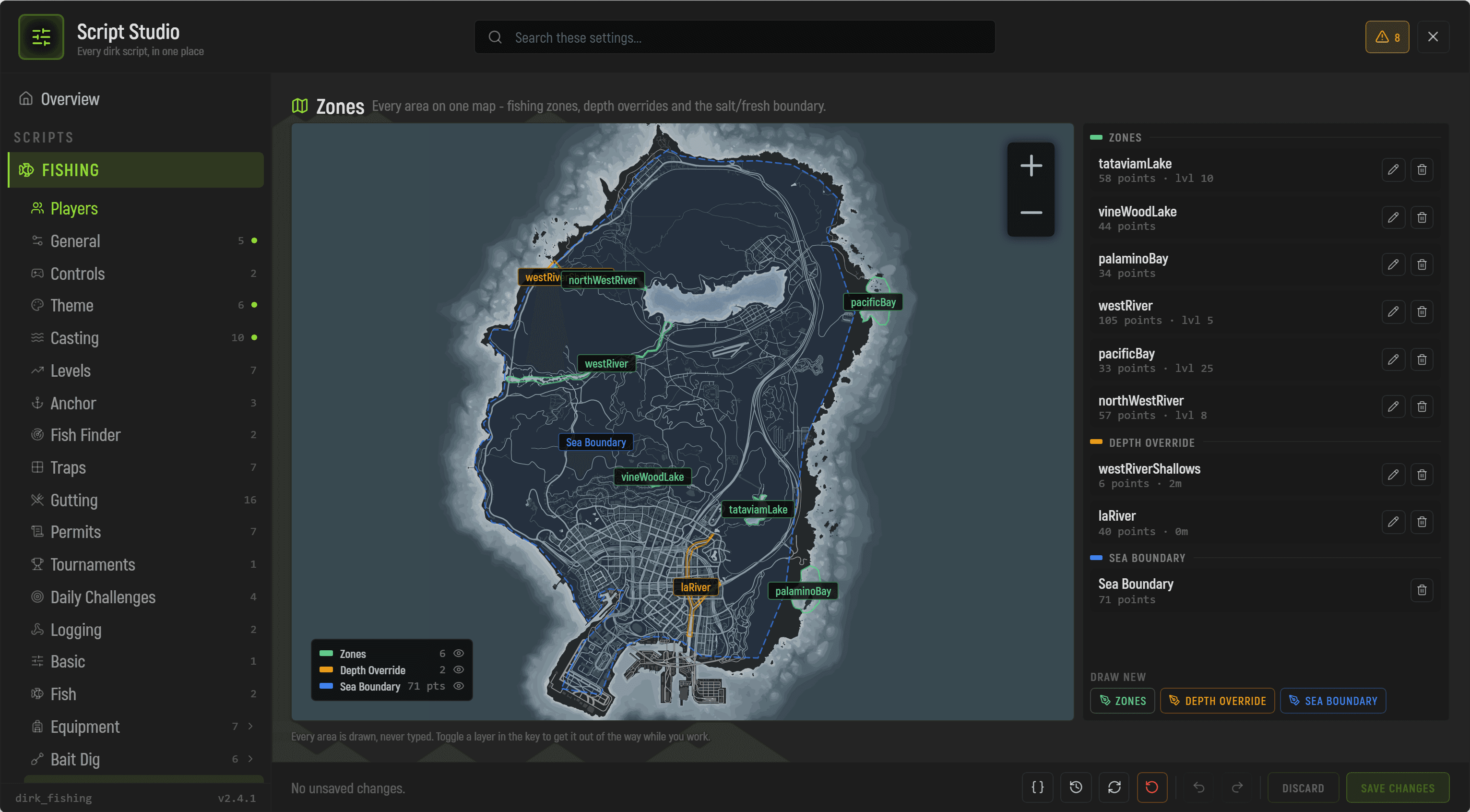 Config Studio's zone editor with fishing zones drawn on the GTA map