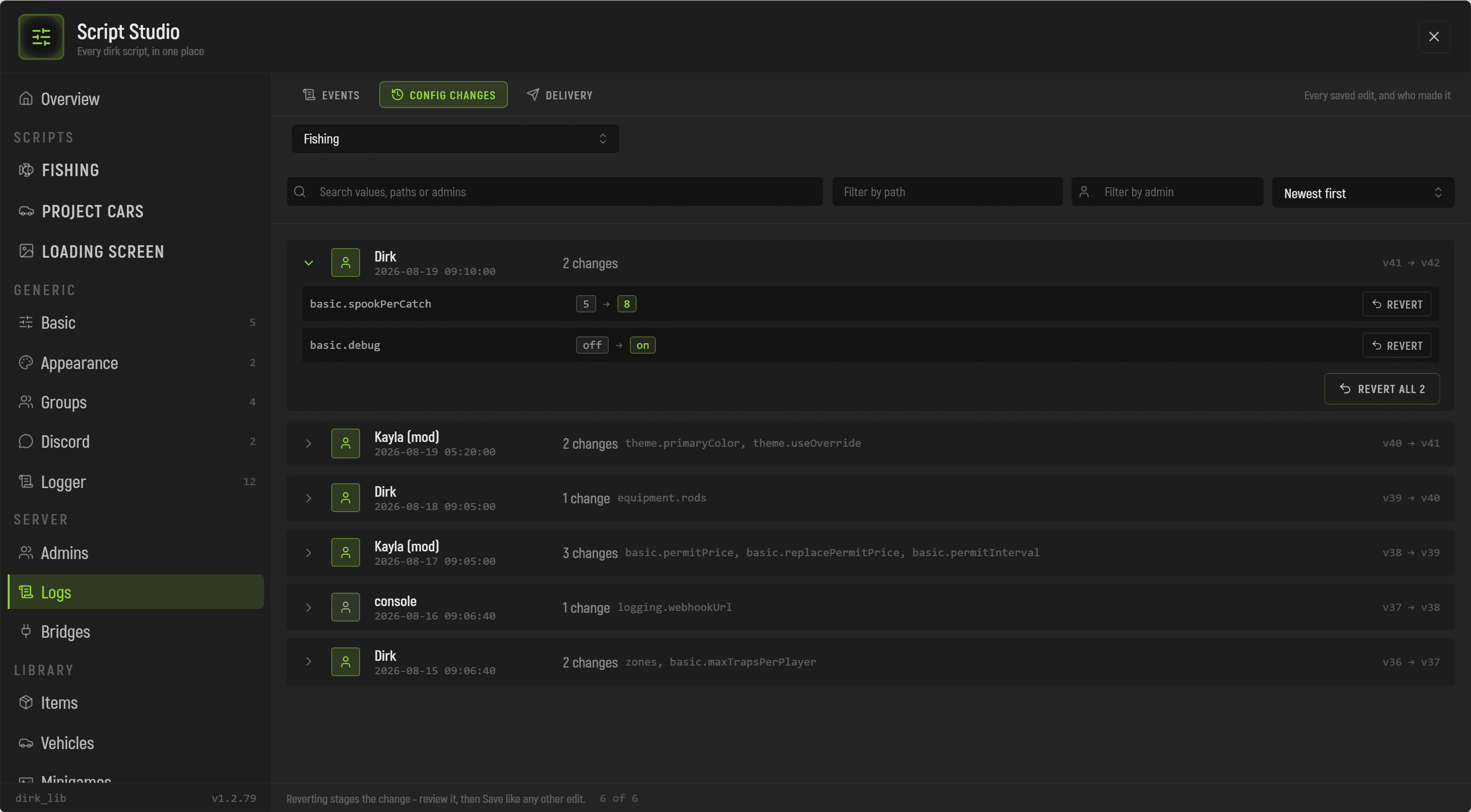 The change log in Config Studio, each save with who made it